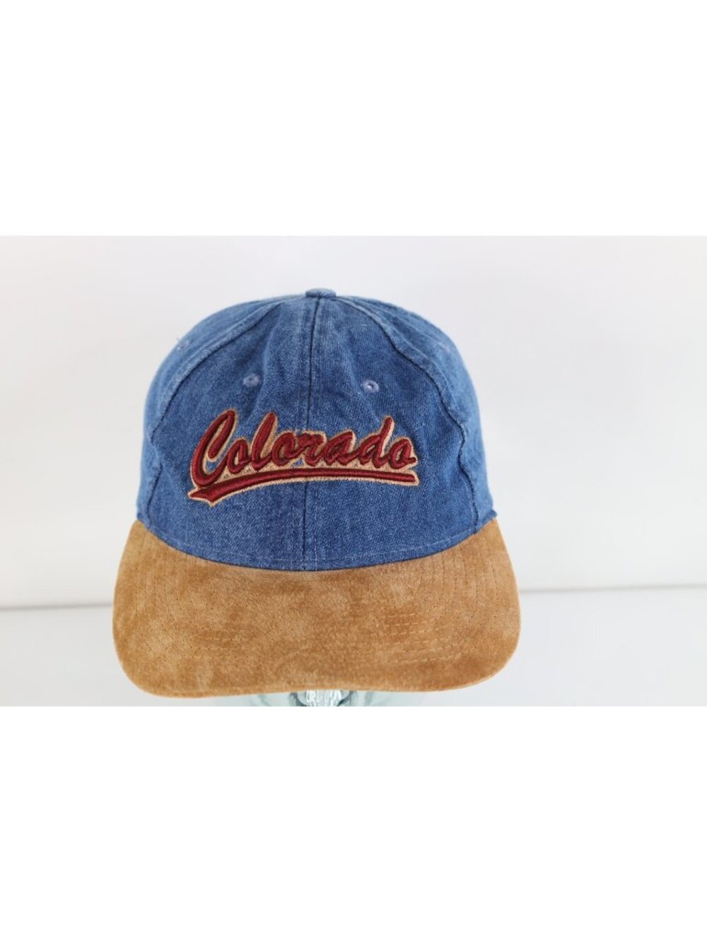 Vtg 90s Streetwear Spell Out Script Suede Leather Colorado Denim Strapback Hat